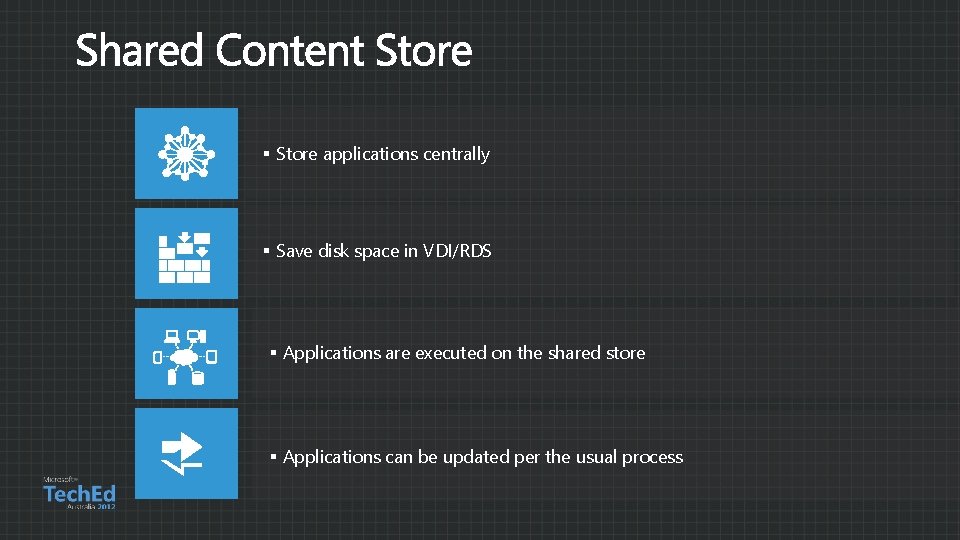 § Store applications centrally § Save disk space in VDI/RDS § Applications are executed