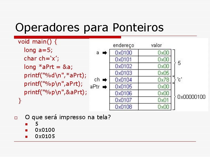 Operadores para Ponteiros void main() { long a=5; char ch=‘x’; long *a. Prt =