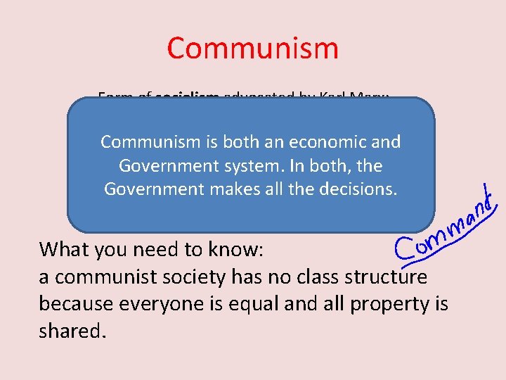 Communism Form of socialism advocated by Karl Marx; according to Marx, class struggle was