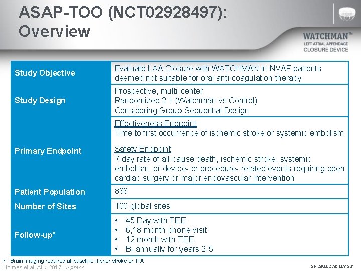 ASAP-TOO (NCT 02928497): Overview Study Objective Evaluate LAA Closure with WATCHMAN in NVAF patients