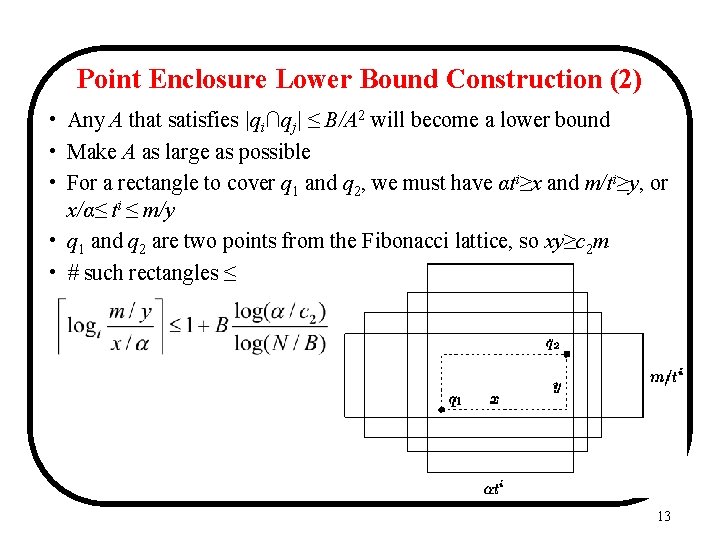 Point Enclosure Lower Bound Construction (2) • Any A that satisfies |qi∩qj| ≤ B/A Point Enclosure Lower Bound Construction (2) • Any A that satisfies |qi∩qj| ≤ B/A