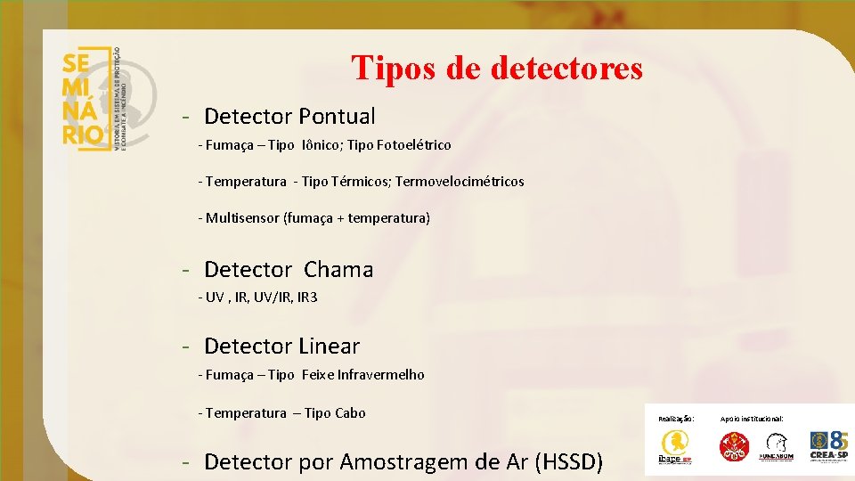 Tipos de detectores - Detector Pontual - Fumaça – Tipo Iônico; Tipo Fotoelétrico -