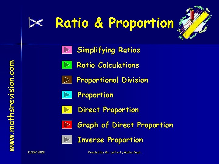 Ratio & Proportion www. mathsrevision. com Simplifying Ratios Ratio Calculations Proportional Division Proportion Direct