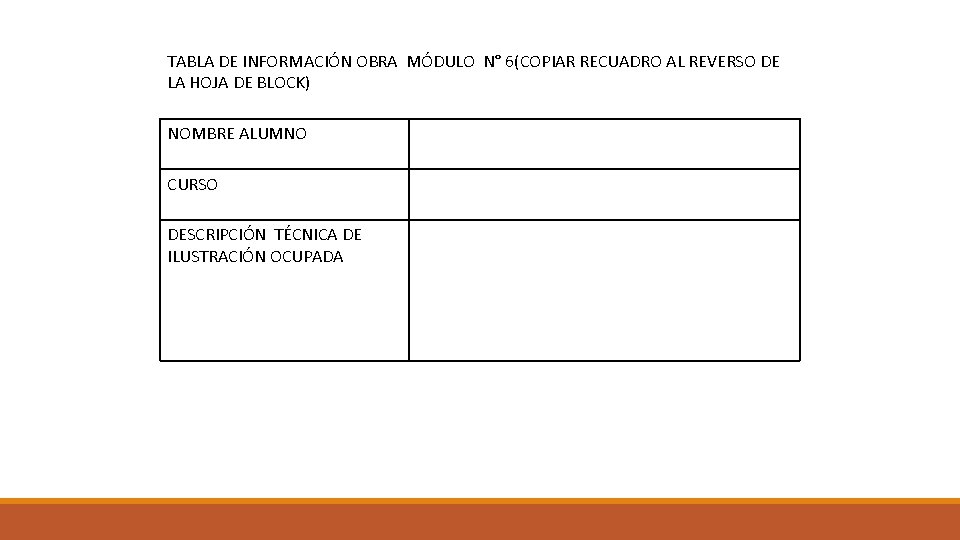 TABLA DE INFORMACIÓN OBRA MÓDULO N° 6(COPIAR RECUADRO AL REVERSO DE LA HOJA DE