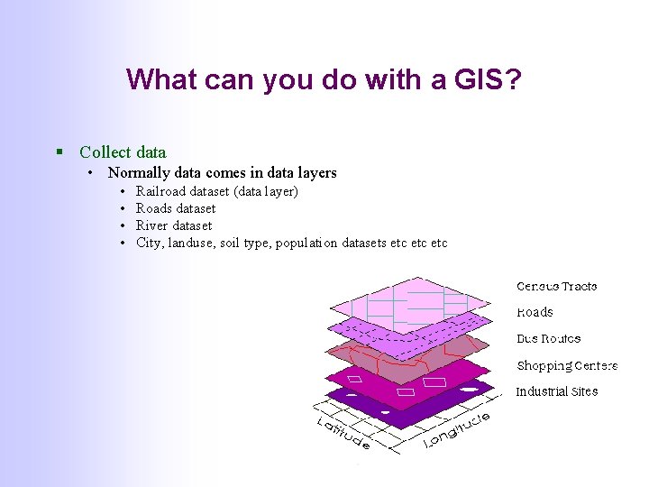 What can you do with a GIS? § Collect data • Normally data comes What can you do with a GIS? § Collect data • Normally data comes