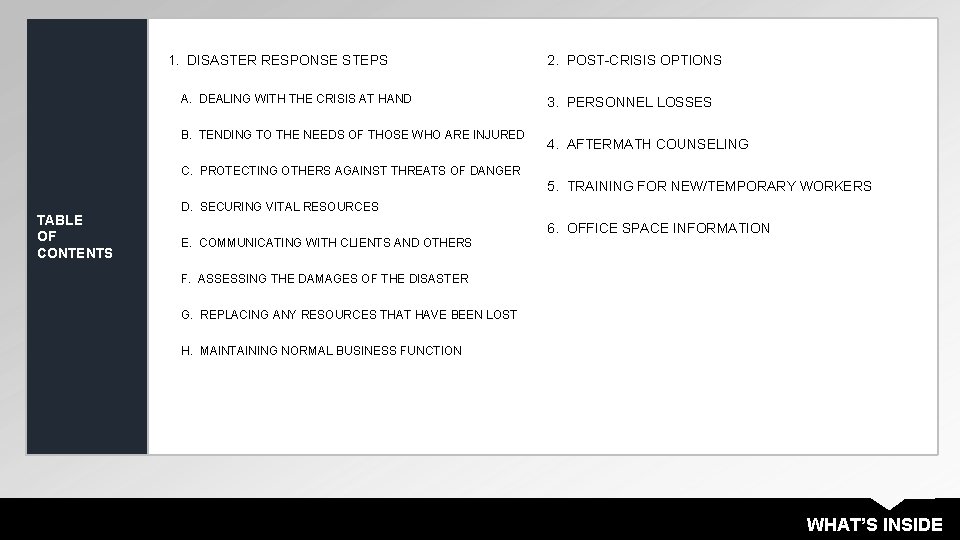 1. DISASTER RESPONSE STEPS 2. POST-CRISIS OPTIONS A. DEALING WITH THE CRISIS AT HAND