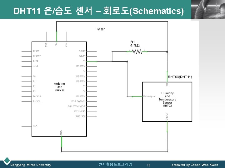 DHT 11 온/습도 센서 – 회로도(Schematics) Dongyang Mirae University 센서활용프로그래밍 15 LOGO prepared by