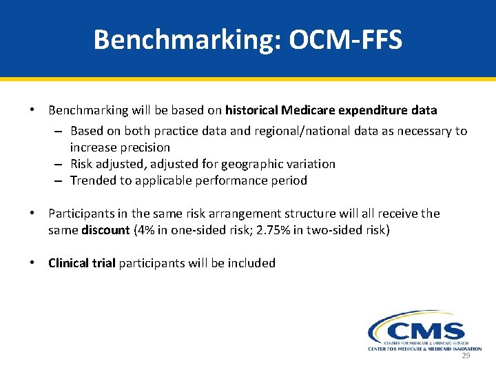 Benchmarking: OCM-FFS • Benchmarking will be based on historical Medicare expenditure data – Based