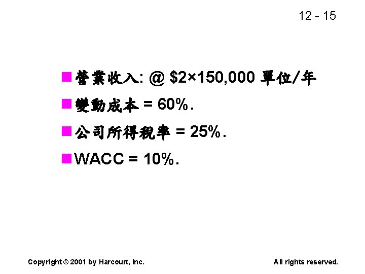 12 - 15 n 營業收入: @ $2× 150, 000 單位/年 n 變動成本 = 60%.