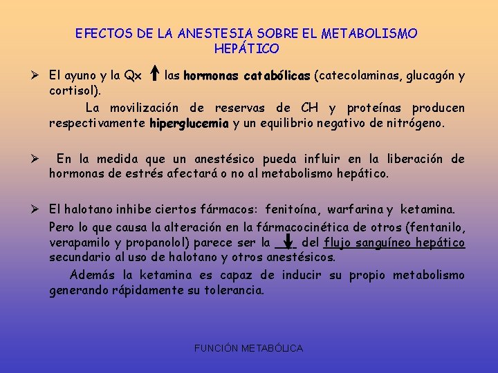 EFECTOS DE LA ANESTESIA SOBRE EL METABOLISMO HEPÁTICO Ø El ayuno y la Qx