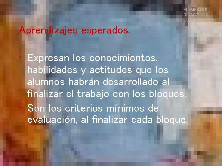 ELEMENTOS DIDÁCTICOS CURRICULARES Aprendizajes esperados. • Expresan los conocimientos, habilidades y actitudes que los