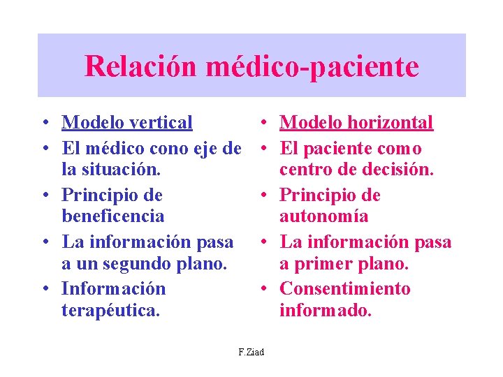 Relación médico-paciente • Modelo vertical • El médico cono eje de la situación. •