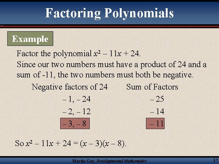 Factoring Polynomials Example Factor the polynomial x 2 – 11 x + 24. Since