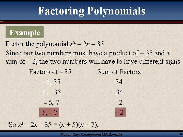 Factoring Polynomials Example Factor the polynomial x 2 – 2 x – 35. Since