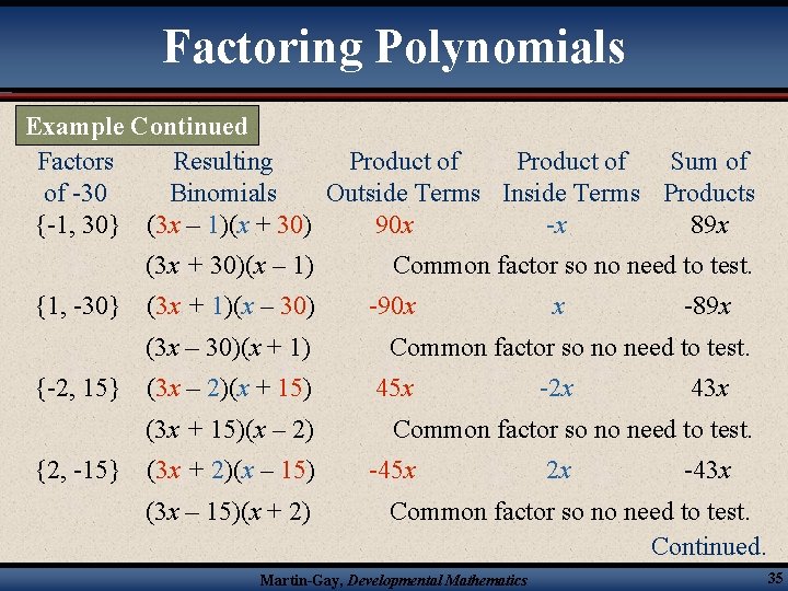 Factoring Polynomials Example Continued Factors Resulting Product of Sum of of -30 Binomials Outside