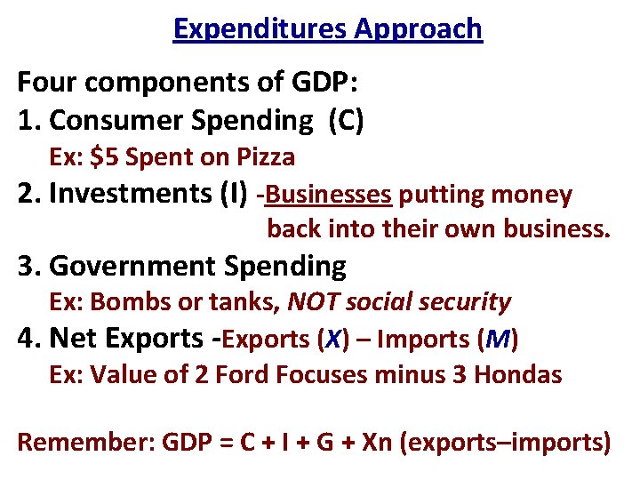 Expenditures Approach Four components of GDP: 1. Consumer Spending (C) Ex: $5 Spent on