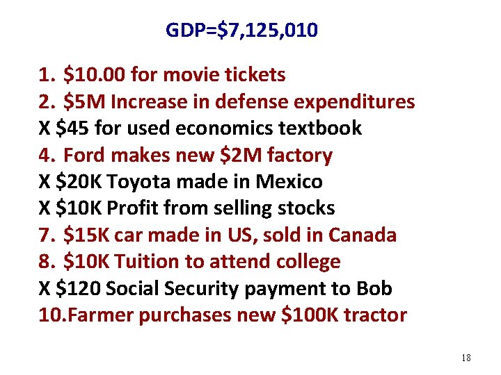 GDP=$7, 125, 010 1. $10. 00 for movie tickets 2. $5 M Increase in