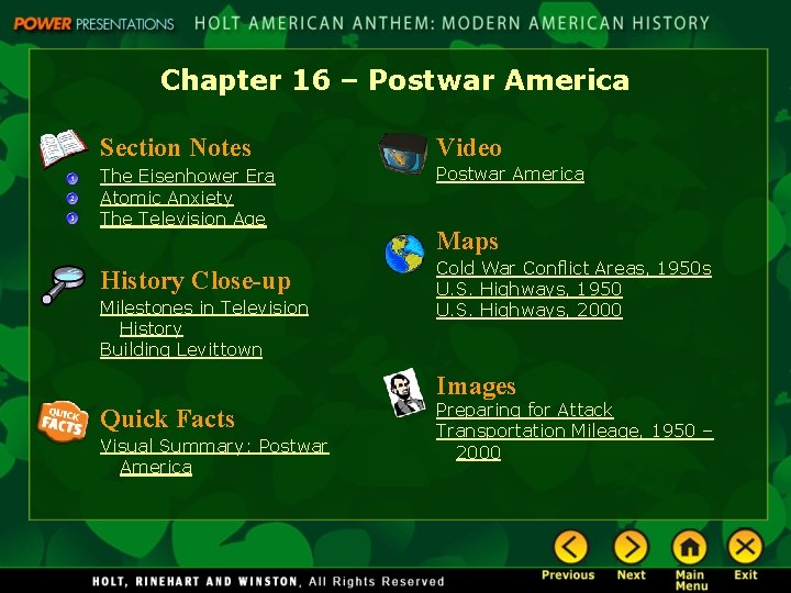 Chapter 16 – Postwar America Section Notes Video The Eisenhower Era Atomic Anxiety The