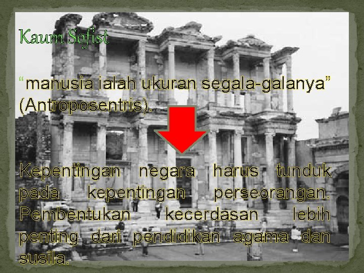 Kaum Sofist “manusia ialah ukuran segala-galanya” (Antroposentris). Kepentingan negara harus tunduk pada kepentingan perseorangan.