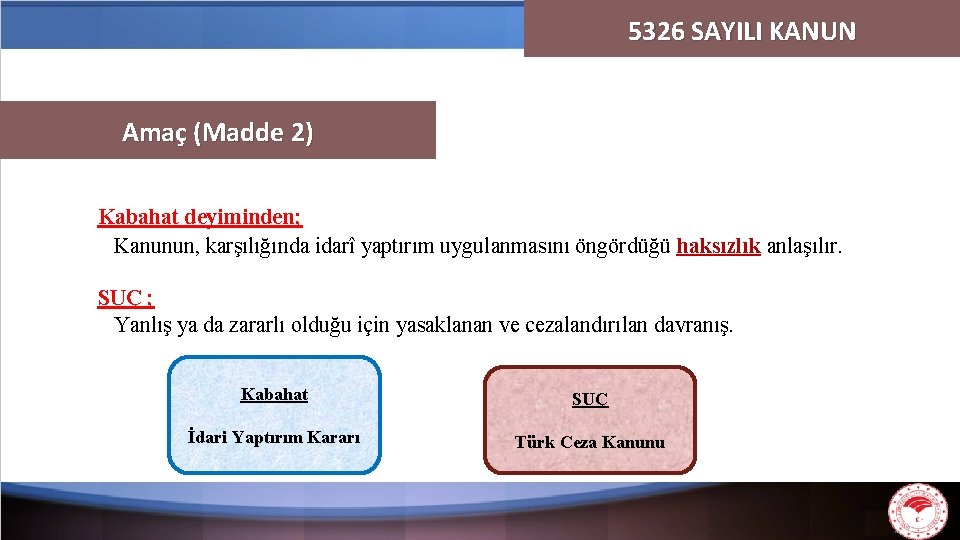 5326 SAYILI KANUN Amaç (Madde 2) Kabahat deyiminden; Kanunun, karşılığında idarî yaptırım uygulanmasını öngördüğü