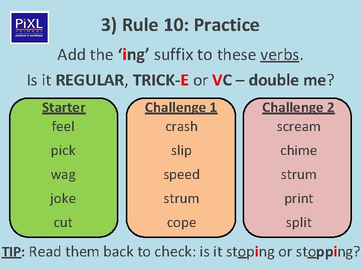 3) Rule 10: Practice Add the ‘ing’ suffix to these verbs. Is it REGULAR,