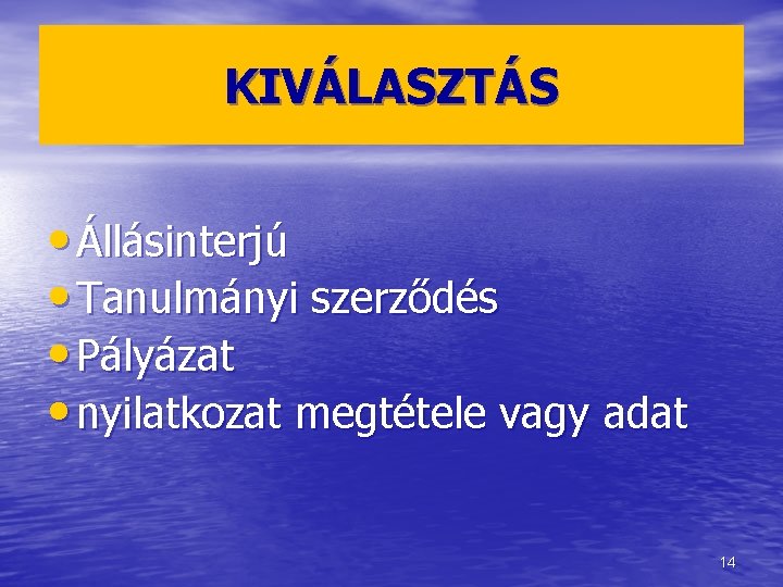 KIVÁLASZTÁS • Állásinterjú • Tanulmányi szerződés • Pályázat • nyilatkozat megtétele vagy adat 14