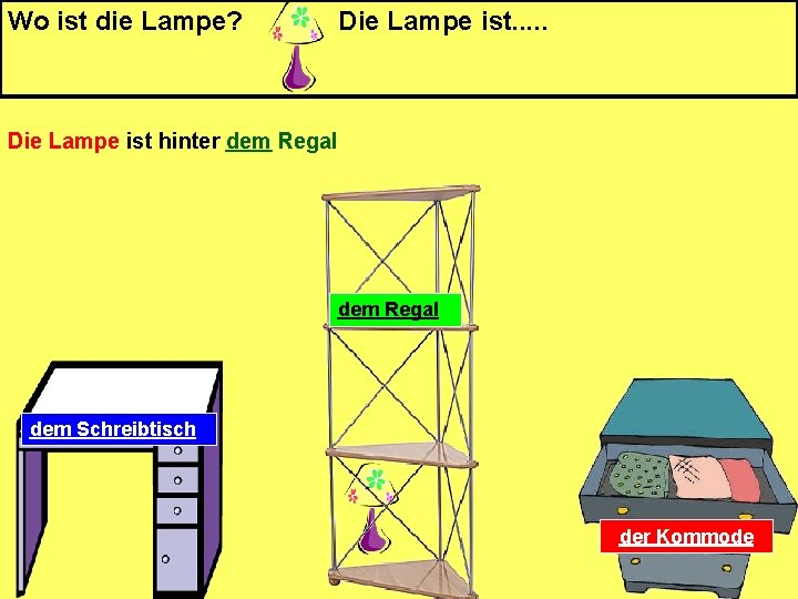 Wo ist die Lampe? Die Lampe ist. . . Die Lampe ist hinter dem