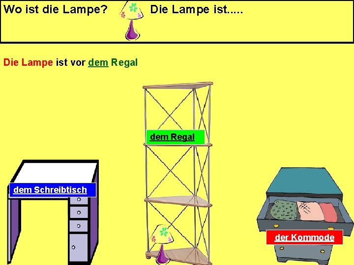 Wo ist die Lampe? Die Lampe ist. . . Die Lampe ist vor dem