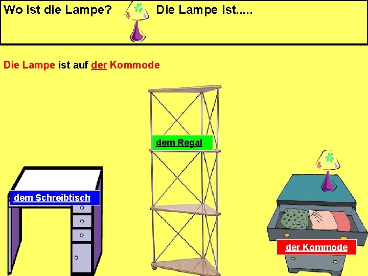 Wo ist die Lampe? Die Lampe ist. . . Die Lampe ist auf der