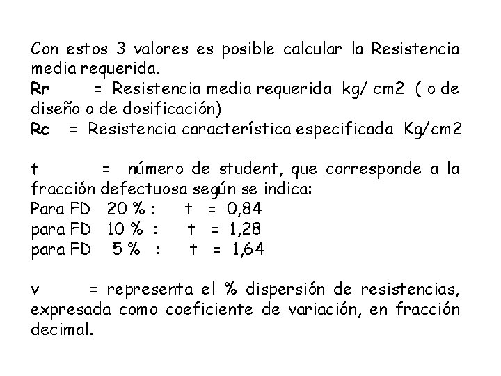 Con estos 3 valores es posible calcular la Resistencia media requerida. Rr = Resistencia Con estos 3 valores es posible calcular la Resistencia media requerida. Rr = Resistencia