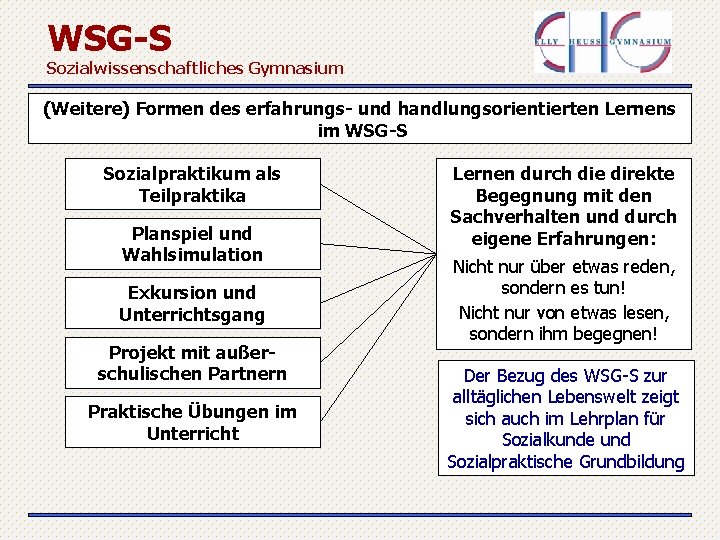 WSG-S Sozialwissenschaftliches Gymnasium (Weitere) Formen des erfahrungs- und handlungsorientierten Lernens im WSG-S Sozialpraktikum als