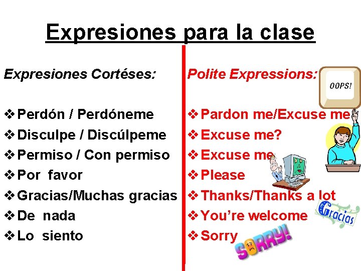 Expresiones para la clase Expresiones Cortéses: Polite Expressions: v Perdón / Perdóneme v Disculpe