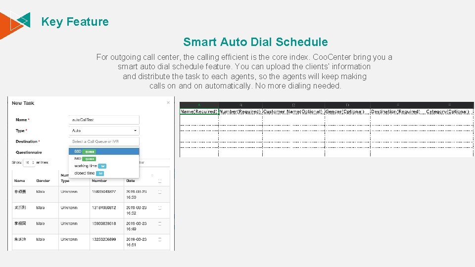 Key Feature Smart Auto Dial Schedule For outgoing call center, the calling efficient is