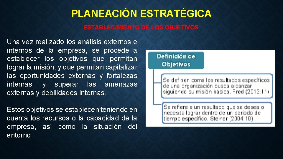 PLANEACIÓN ESTRATÉGICA ESTABLECIMIENTO DE LOS OBJETIVOS Una vez realizado los análisis externos e internos