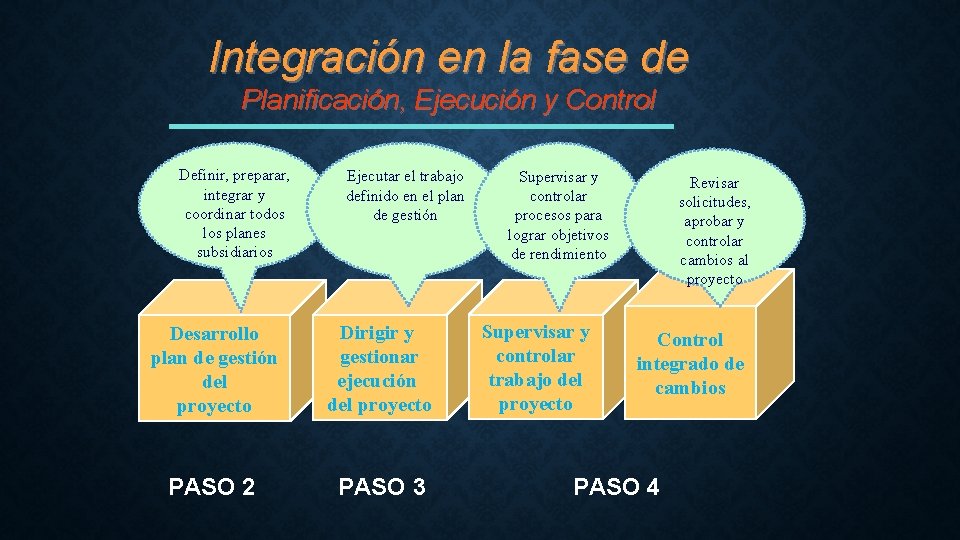 Integración en la fase de Planificación, Ejecución y Control Definir, preparar, integrar y coordinar