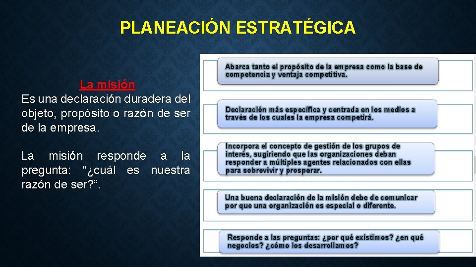 PLANEACIÓN ESTRATÉGICA La misión Es una declaración duradera del objeto, propósito o razón de