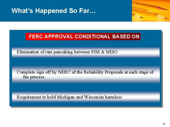 What’s Happened So Far… FERC APPROVAL CONDITIONAL BASED ON Elimination of rate pancaking between