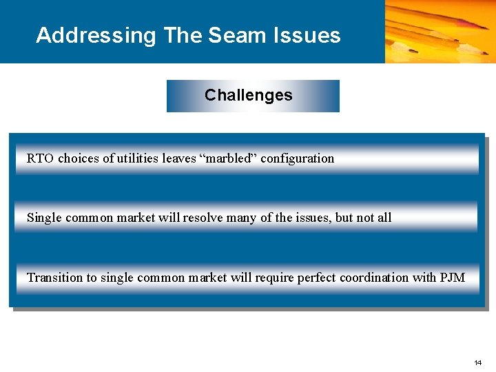 Addressing The Seam Issues Challenges RTO choices of utilities leaves “marbled” configuration Single common