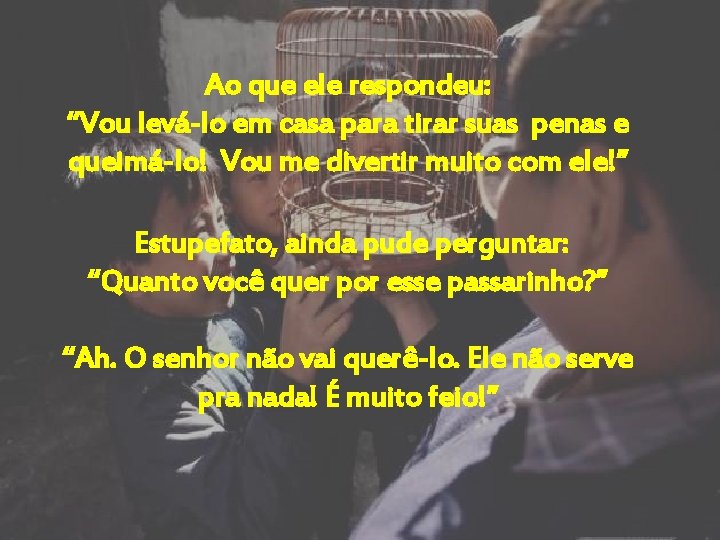 Ao que ele respondeu: “Vou levá-lo em casa para tirar suas penas e queimá-lo! Ao que ele respondeu: “Vou levá-lo em casa para tirar suas penas e queimá-lo!