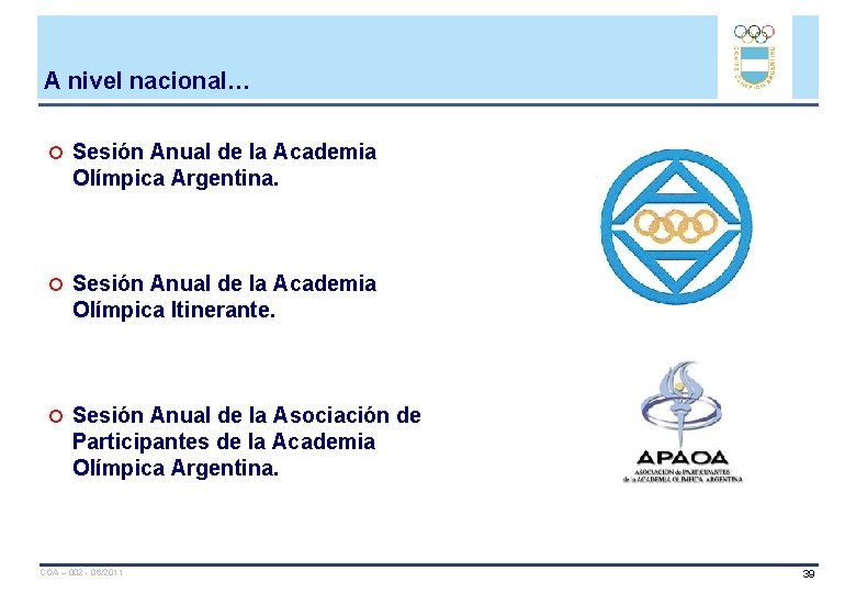 A nivel nacional… Sesión Anual de la Academia Olímpica Argentina. Sesión Anual de la