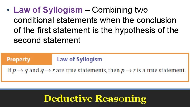  • Law of Syllogism – Combining two conditional statements when the conclusion of