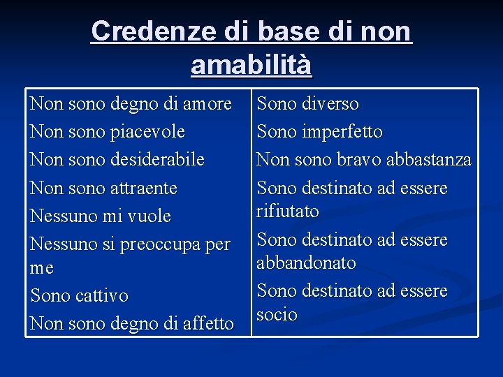 Credenze di base di non amabilità Non sono degno di amore Non sono piacevole