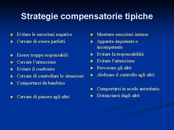 Strategie compensatorie tipiche n n n n Evitare le emozioni negative Cercare di essere