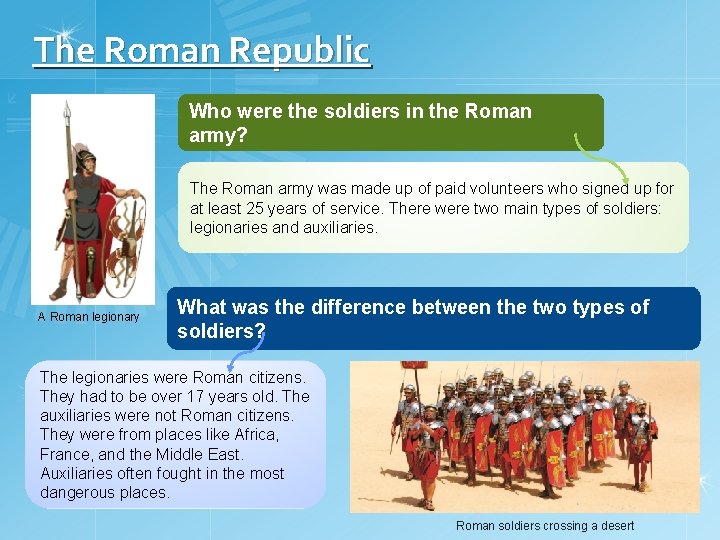 The Roman Republic Who were the soldiers in the Roman army? The Roman army