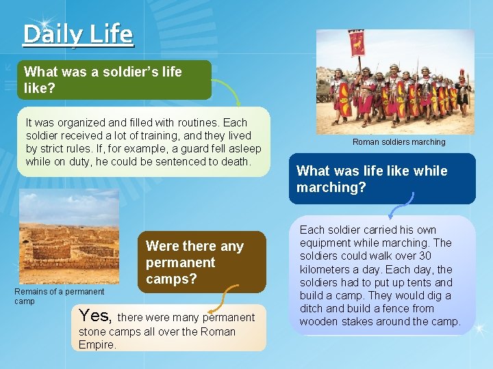 Daily Life What was a soldier’s life like? It was organized and filled with