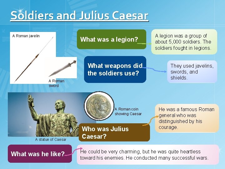 Soldiers and Julius Caesar A Roman javelin What was a legion? What weapons did