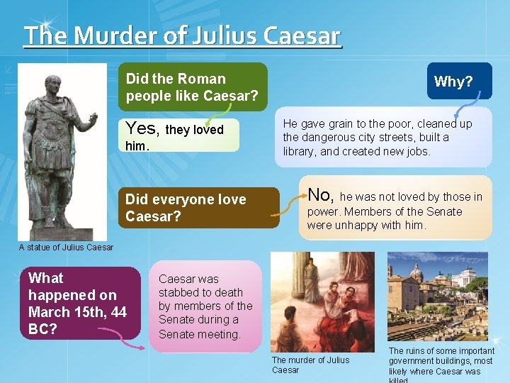 The Murder of Julius Caesar Did the Roman people like Caesar? Yes, they loved