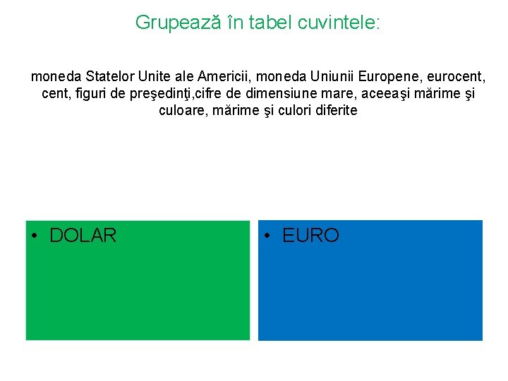 Grupează în tabel cuvintele: moneda Statelor Unite ale Americii, moneda Uniunii Europene, eurocent, figuri