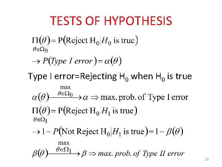 TESTS OF HYPOTHESIS Type I error=Rejecting H 0 when H 0 is true 10