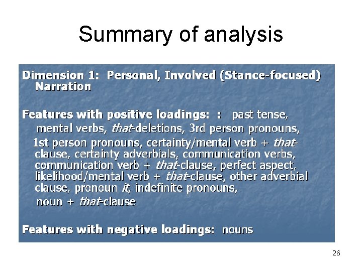 Summary of analysis 26 